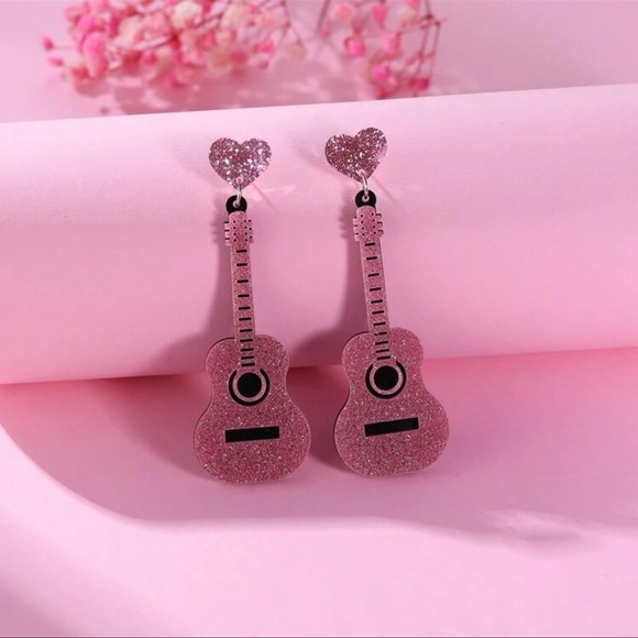 Acrylic Pink Glitter Guitar Earrings - Picture 4 of 4